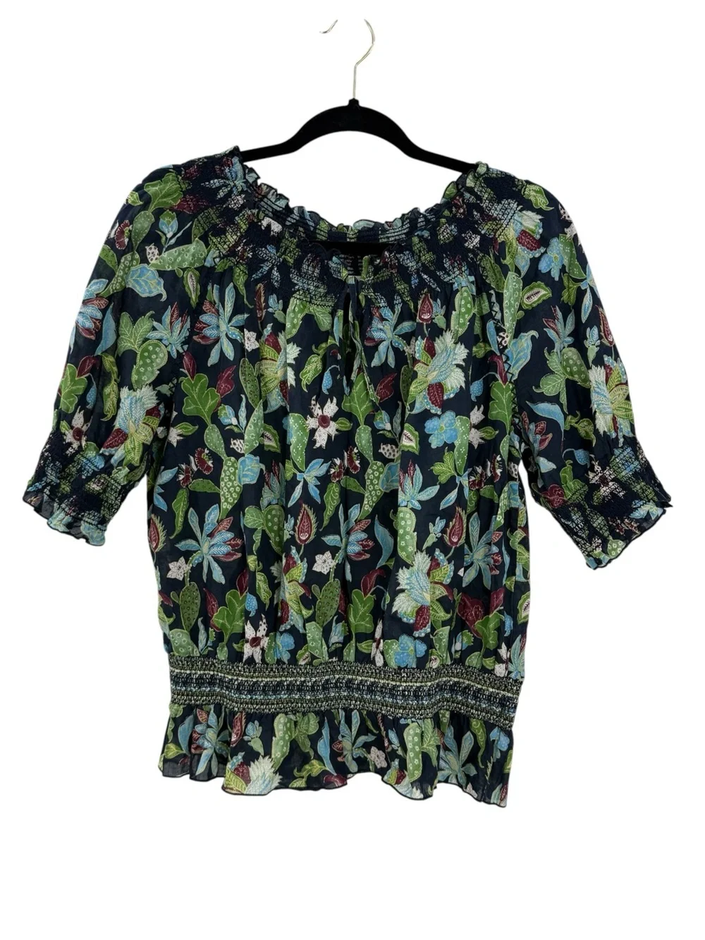 Tory Burch Floral Smocked Off Shoulder Cottage Blouse Cactus Print Navy Size 10